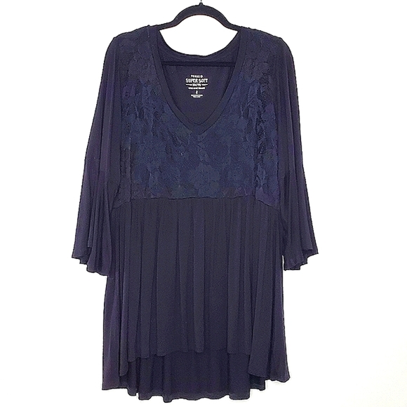 Torrid Super Soft Knits Lace Babydoll Top Size 2X Black Flare Sleeve Tunic Boho - Picture 1 of 14